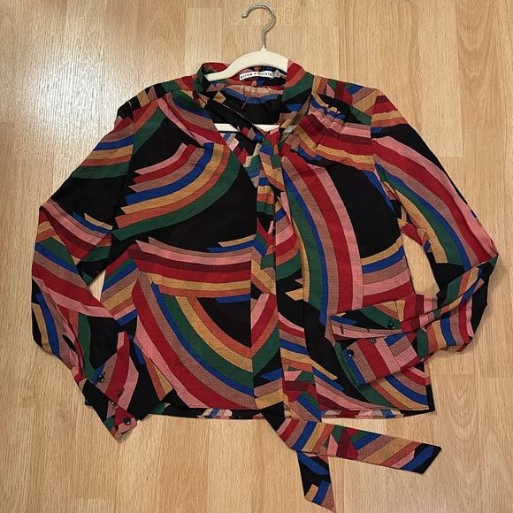 Alice + Olivia Aisha Silk Tie Neck Blouse in Mod Stripe Multi - Picture 5 of 8